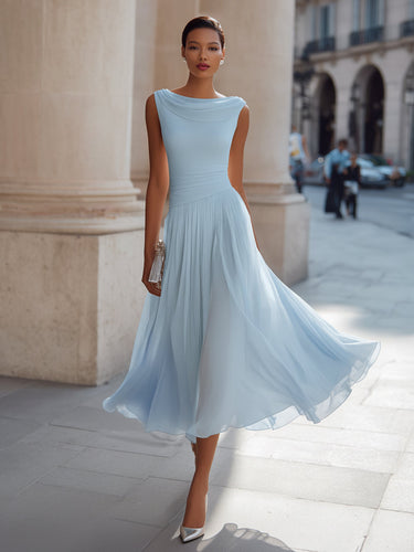 Draped Neck Sleeveless Midi Dress with Pleated Skirt