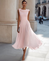 Draped Neck Sleeveless Midi Dress with Pleated Skirt