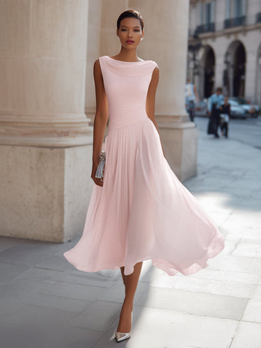 Draped Neck Sleeveless Midi Dress with Pleated Skirt