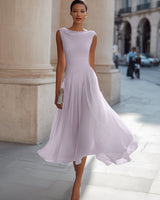 Draped Neck Sleeveless Midi Dress with Pleated Skirt