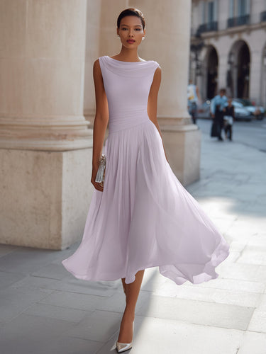 Draped Neck Sleeveless Midi Dress with Pleated Skirt