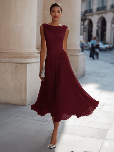 Draped Neck Sleeveless Midi Dress with Pleated Skirt
