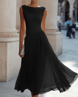 Draped Neck Sleeveless Midi Dress with Pleated Skirt
