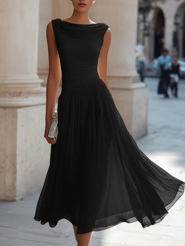 Draped Neck Sleeveless Midi Dress with Pleated Skirt