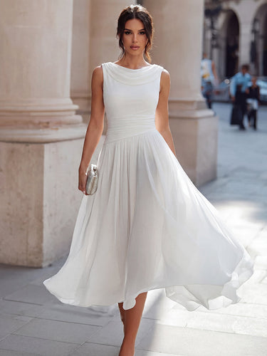 Draped Neck Sleeveless Midi Dress with Pleated Skirt