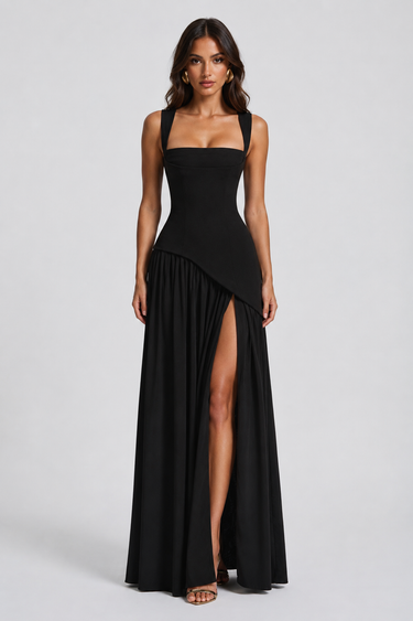 Detail of the asymmetric drape at the skirt of the maxi dress