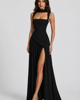 Draped Satin Maxi Dress with Asymmetric Skirt and Side Slit
