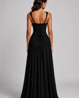 Draped Satin Maxi Dress with Asymmetric Skirt and Side Slit