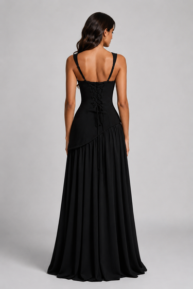 Draped Satin Maxi Dress with Asymmetric Skirt and Side Slit