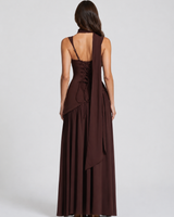 Close-up of the sculpted bodice on a satin-feel maxi dress