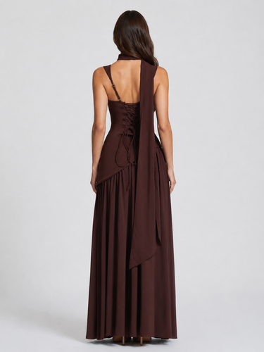 Close-up of the sculpted bodice on a satin-feel maxi dress