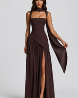 Side view showing the fluid drape and side slit of the maxi dress