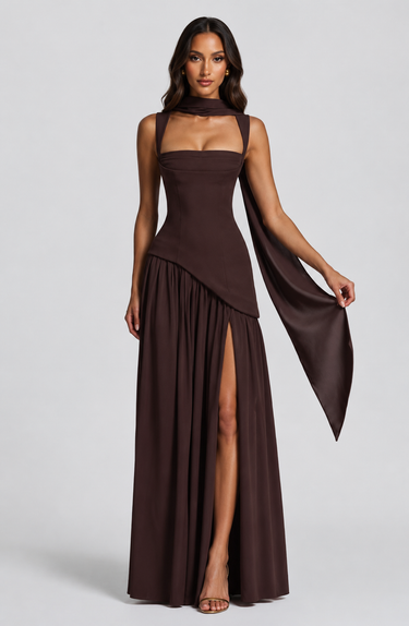 Side view showing the fluid drape and side slit of the maxi dress