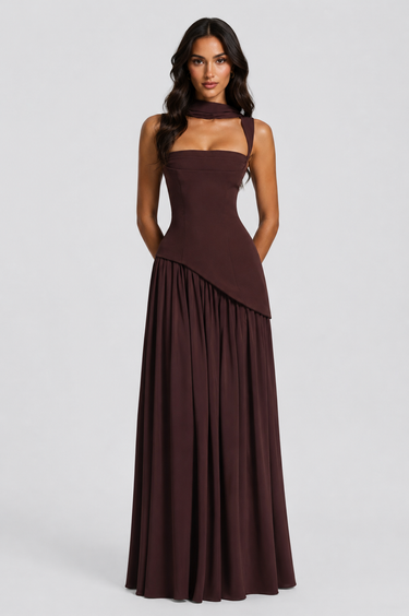 Detail shot of the asymmetric skirt hem and side slit