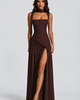 Three-quarter view of the satin-feel maxi dress showing the full silhouette