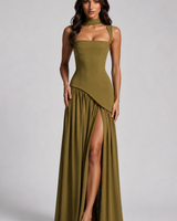 Back view of the draped satin maxi dress with sculpted bodice