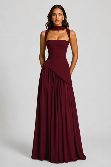 Model walking in the maxi dress showing the movement of the draped skirt