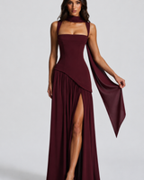 Full-length front view of the satin maxi dress on a model