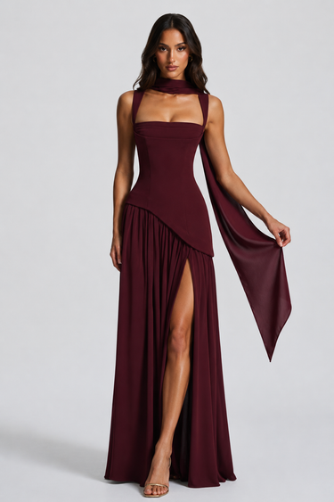 Full-length front view of the satin maxi dress on a model