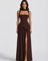 Front view of a satin-feel maxi dress with draped asymmetric skirt and side slit
