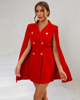 Elegant Cape Blazer Mini Dress with Button Detail