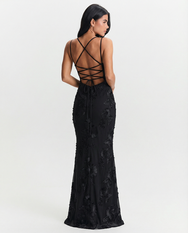 Elegant Women’s Lace Maxi Dress With Open Back And Sheer Overlay