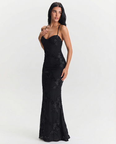 Elegant Women’s Lace Maxi Dress With Open Back And Sheer Overlay