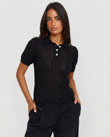 Elegant Women’s Textured Short Sleeve Knit Polo Top with Button Detail
