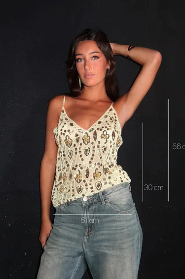 Embellished Sequin Cami Top with Sheer Design