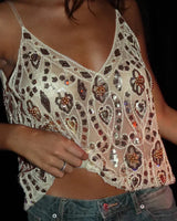 Embellished Sequin Cami Top with Sheer Design