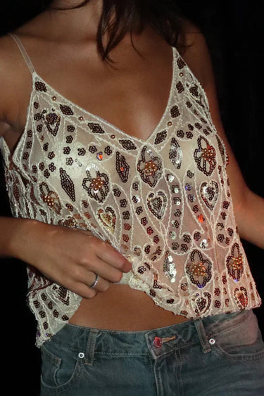 Embellished Sequin Cami Top with Sheer Design