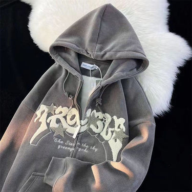 Front view of men's embroidered hoodie showing chest graphic and kangaroo pocket
