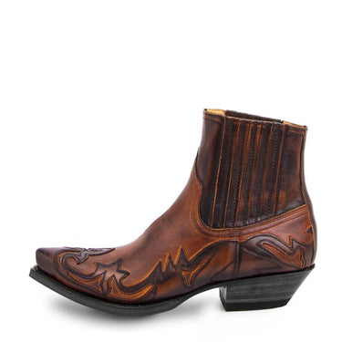 Men's Western slip-on ankle boot showing elastic side panel and embroidered stitching detail