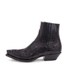 Men's Western ankle boot with embroidered upper, pointed toe, and stacked heel, side view