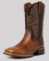 Close-up of embroidered stitching detail on men's pointed-toe western leather boot