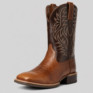 Close-up of embroidered stitching detail on men's pointed-toe western leather boot