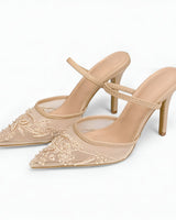Embroidered Mesh Slingback Heels with Pointed Toe