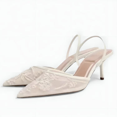 Embroidered Mesh Slingback Heels with Pointed Toe