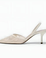 Embroidered Mesh Slingback Heels with Pointed Toe
