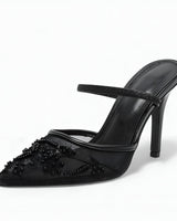 Embroidered Mesh Slingback Heels with Pointed Toe