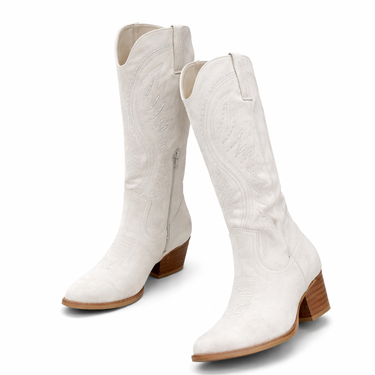 Embroidered Western Boots with Block Heel and Pointed Toe