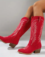 Close-up of embroidered stitch detailing on the shaft of a western-style boot
