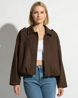 Faux Coated Bomber Jacket with Collar and Concealed Front Closure