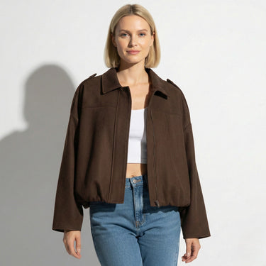 Faux Coated Bomber Jacket with Collar and Concealed Front Closure