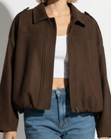 Faux Coated Bomber Jacket with Collar and Concealed Front Closure