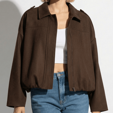 Faux Coated Bomber Jacket with Collar and Concealed Front Closure