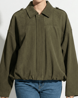 Faux Coated Bomber Jacket with Collar and Concealed Front Closure