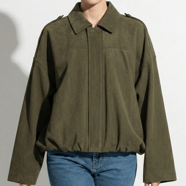 Faux Coated Bomber Jacket with Collar and Concealed Front Closure