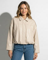 Faux Coated Bomber Jacket with Collar and Concealed Front Closure