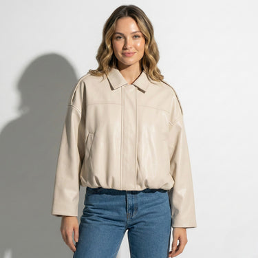 Faux Coated Bomber Jacket with Collar and Concealed Front Closure